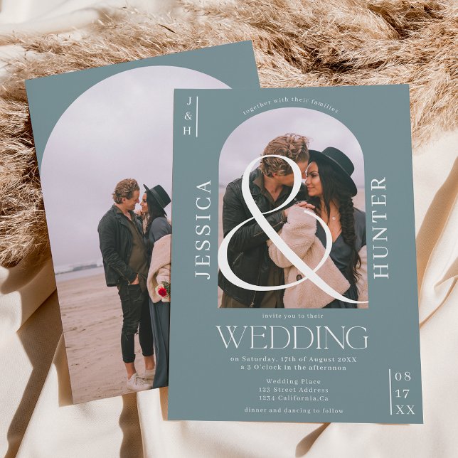 Invitation Arc boho moderne 2 photos mariage bleu poussiéreux (Créateur téléchargé)