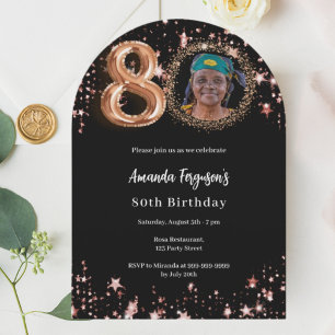 Invitation Arc de 80 ans d'anniversaire photo étoiles or rose