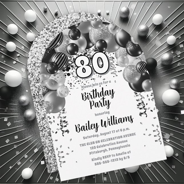 Invitation Arc de ballon d'argent noir 80e fête d'anniversair (Silver Tone, Black and White  Celebration Balloons "80" 80th Birthday Party Invitation Print | Digi)