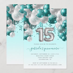 Invitation Arc de ballon Turquoise argent Quinceañera