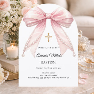 Invitation Arc de Baptême Fille Perles Roses Élégant