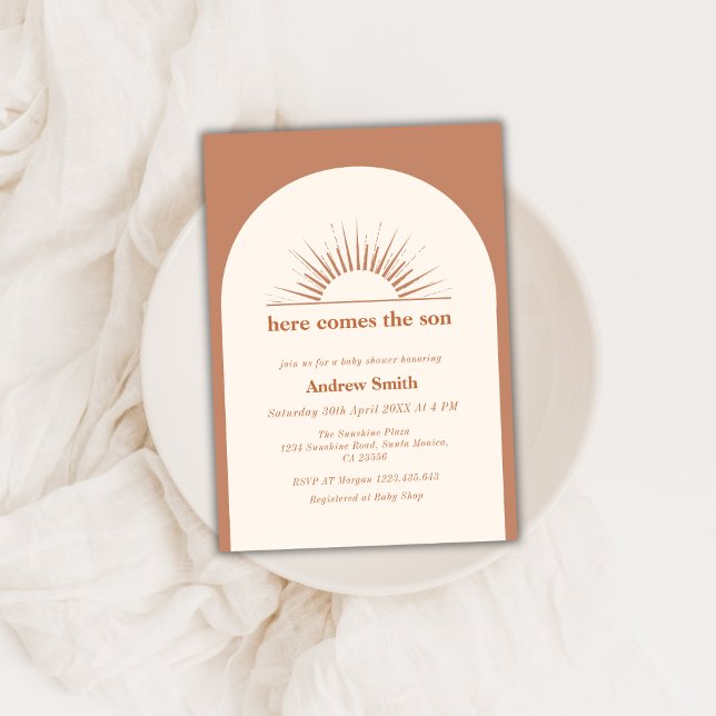 Invitation Arc De Boho Minimal Voici Le Baby shower Fils (Minimal Boho Arch Here Comes The Son Baby Shower Invitation)