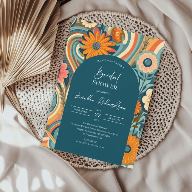 Invitation Arc de boho super rétro rose orange (Retro groovy turquoise boho arch orange pink invitation)