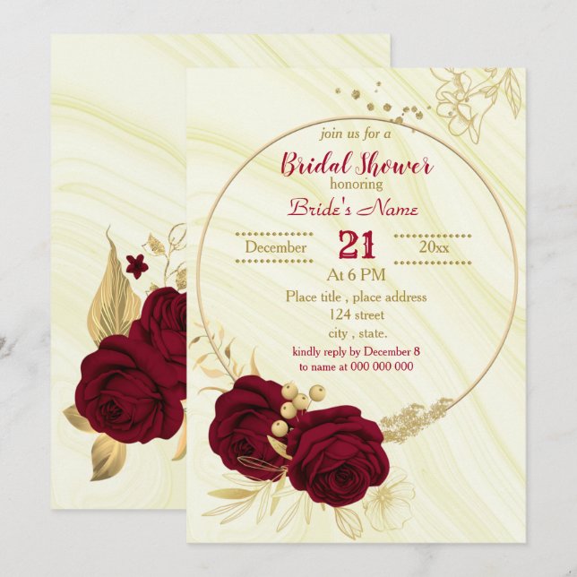 Invitation arc de cercle fleuri en or bordeaux marbre nuptial (Devant / Derrière)