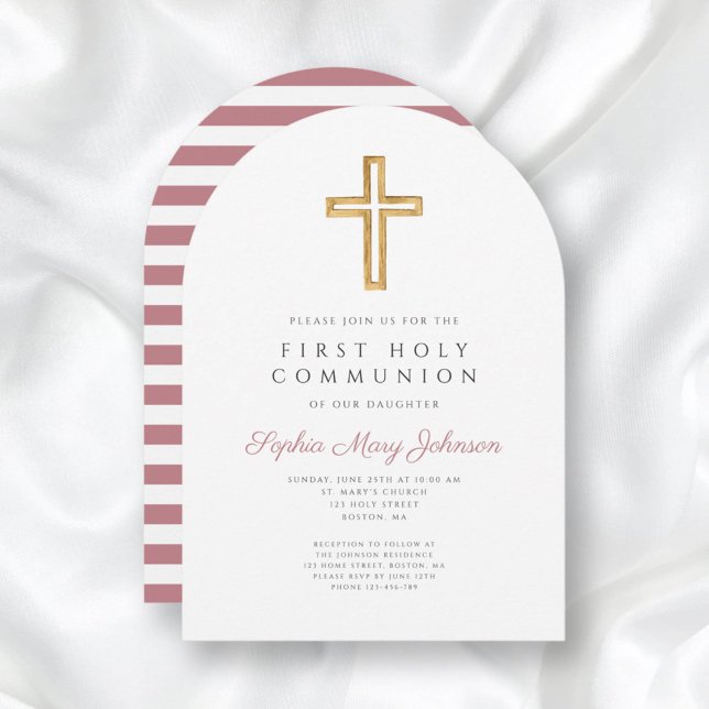 Invitation Arc de communion de première fille rose moderne (Modern Pink Cross Girl First Communion Arch Invitation)