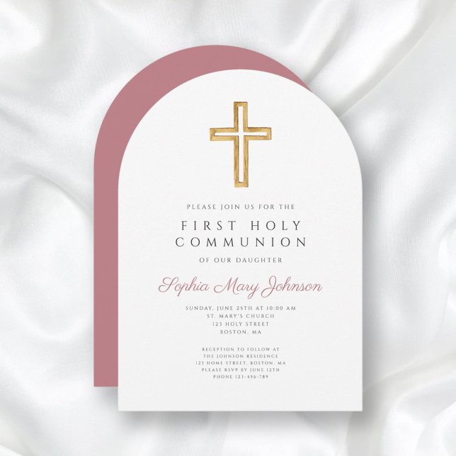 Invitation Arc de communion de première fille rose moderne (Modern Pink Cross Girl First Communion Arch Invitation)