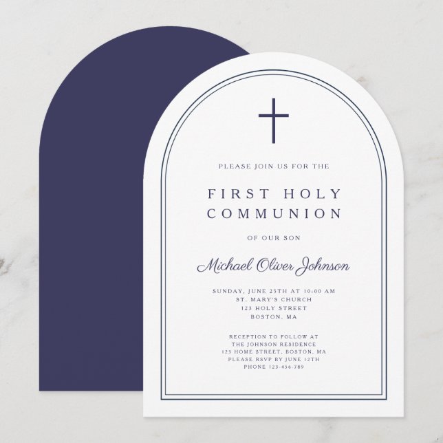 Invitation Arc de communion moderne Cross Navy Blue Boy First (Devant / Derrière)