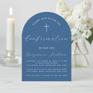 Invitation Arc de confirmation Classique Bleu Simple Script G
