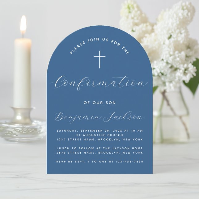 Invitation Arc de confirmation Classique Bleu Simple Script G (Créateur téléchargé)