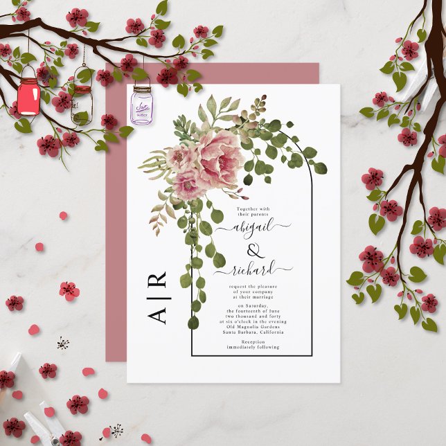 Invitation Arc de fleurs rose rose et mariage monogramme (Créateur téléchargé)