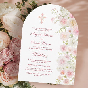 Invitation Arc de fleurs roses et pêche pour mariage religieu