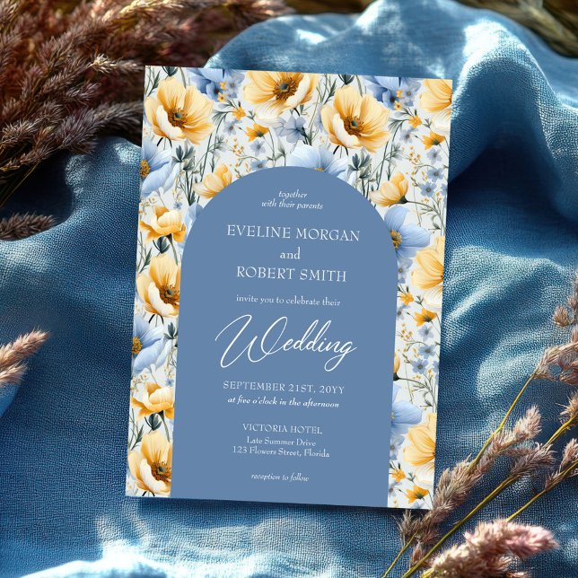 Invitation Arc de fleurs sauvages bleu et jaune du Boho délic (elegant light pastel blue and yellow wild flowers wedding invitation)
