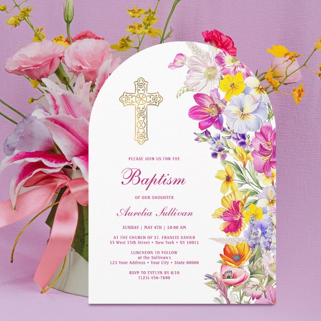 Invitation Arc de fleurs sauvages lumineuses Baptême (Créateur téléchargé)