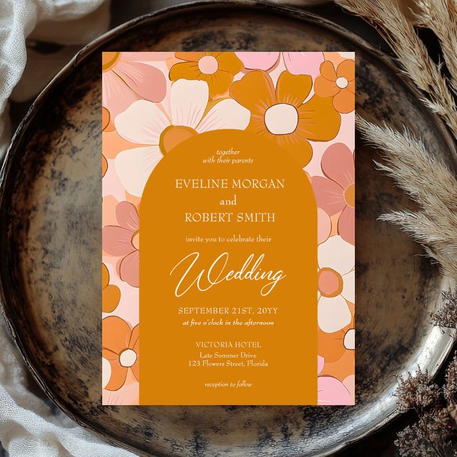 Invitation Arc de fleurs super rétro orange et rose (retro groovy orange and pink flowers wedding invitation )