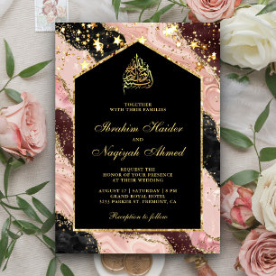 Invitation Arc de marbre rose fardé or noir Mariage musulman