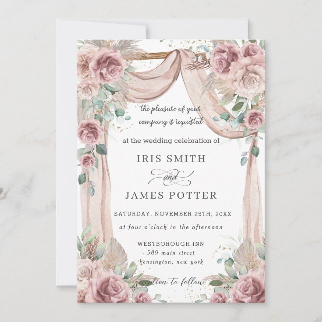 Invitation Arc de Mariage en laiton Rustique Dusty Rose Flora (Devant)