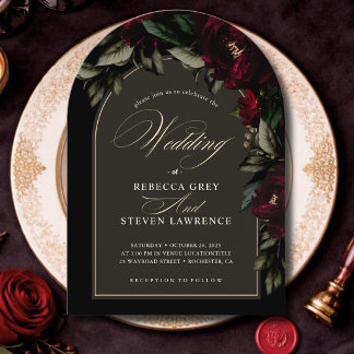 Invitation Arc de mariage gothique floral vert rouge foncé d'