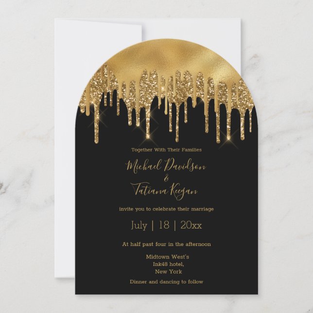 Invitation arc de mariage moderne luxe noir or scintillant (Devant)