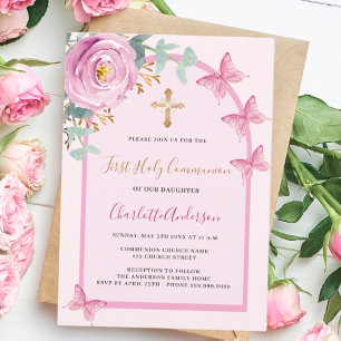 Invitation Arc de papillons roses de la première sainte commu