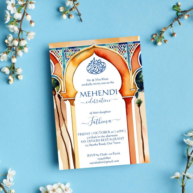 Invitation Arc de style arabe de Mehendi Maroc islamique (Mehndi Islamic template invitation instant download Morocco Arabian style arch modern watercolor)