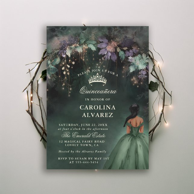 Invitation Arc de verdure enchantée Quinceanera magique (enchanted forest quinceanera invitation watercolor princess dress emerald hunter green fairytale)