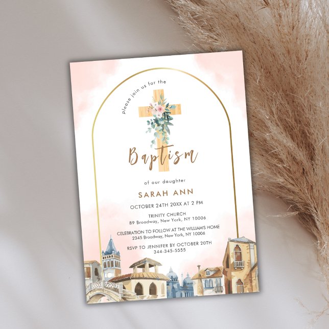 Invitation Arc Destination Floral Eucalyptus Cross Baptême (Arch Destination Floral Eucalyptus Cross Baptism Invitation)