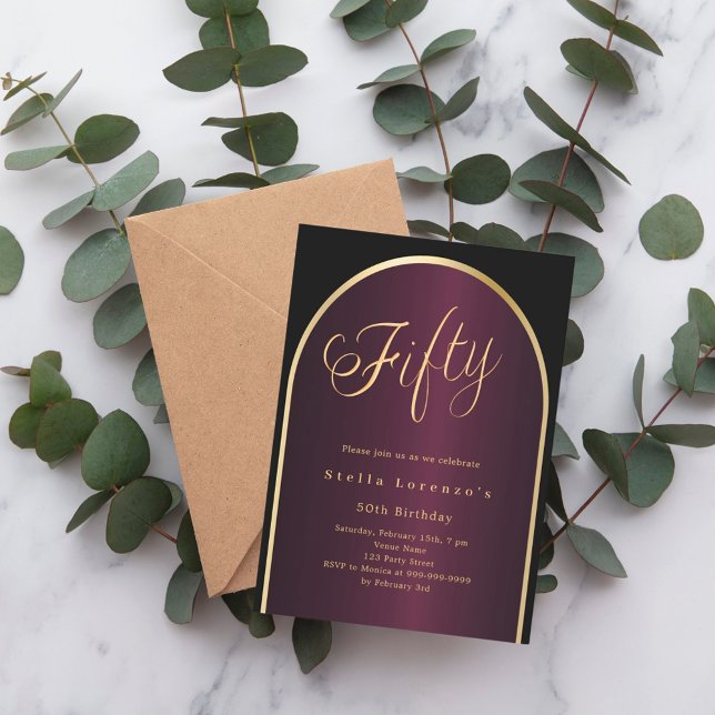 Invitation Arc d'or bordeaux noir luxe 50e anniversaire (Créateur téléchargé)