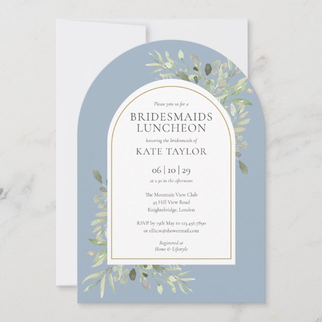 Invitation Arc d'or Foliage Dusty Blue Bridesmaiers déjeuner (Devant)