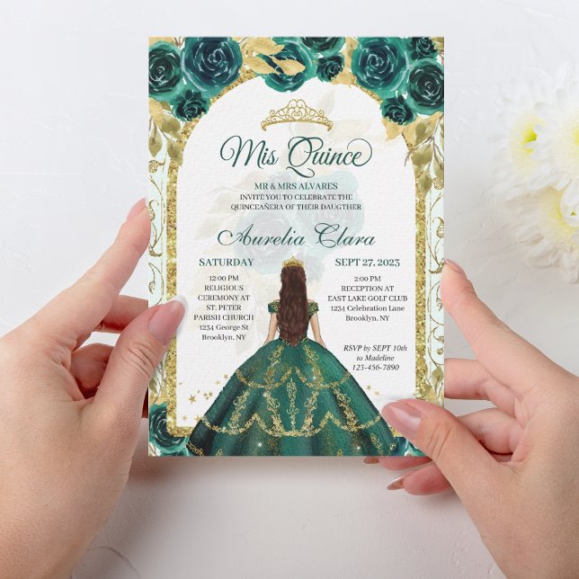 Invitation Arc d'or Princess Floral Vert Quinceanera (Créateur téléchargé)