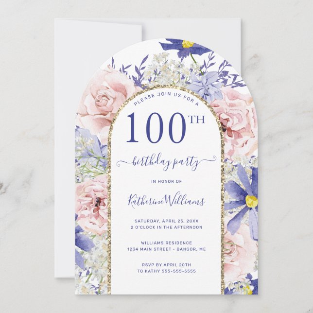 Invitation Arc d'or rose violet fleuri 100e fête d'anniversai (Devant)