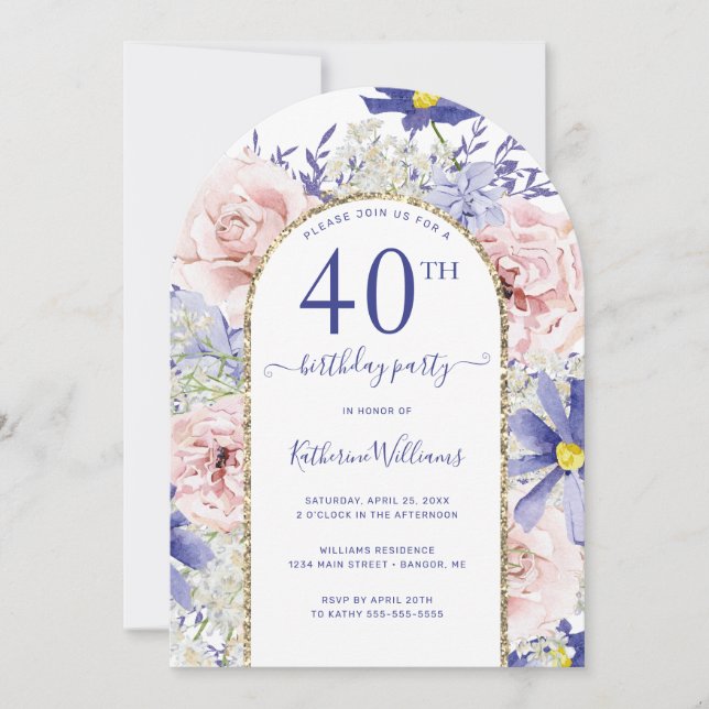 Invitation Arc d'or rose violet fleuri 40e anniversaire (Devant)