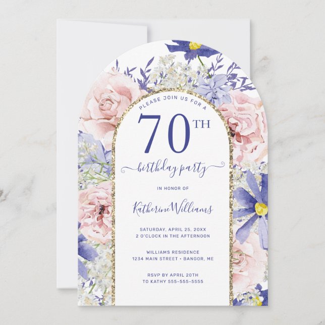 Invitation Arc d'or rose violet fleuri 70e anniversaire (Devant)