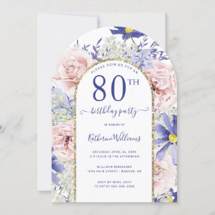 Invitation Arc d'or rose violet fleuri 80e anniversaire