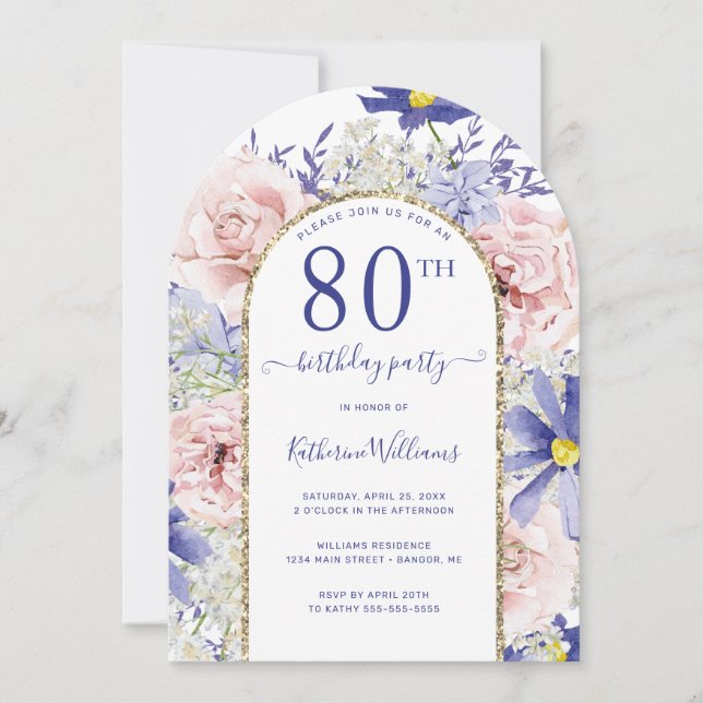 Invitation Arc d'or rose violet fleuri 80e anniversaire (Devant)