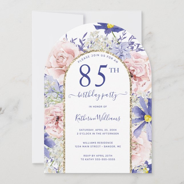 Invitation Arc d'or rose violet fleuri 85e anniversaire (Devant)