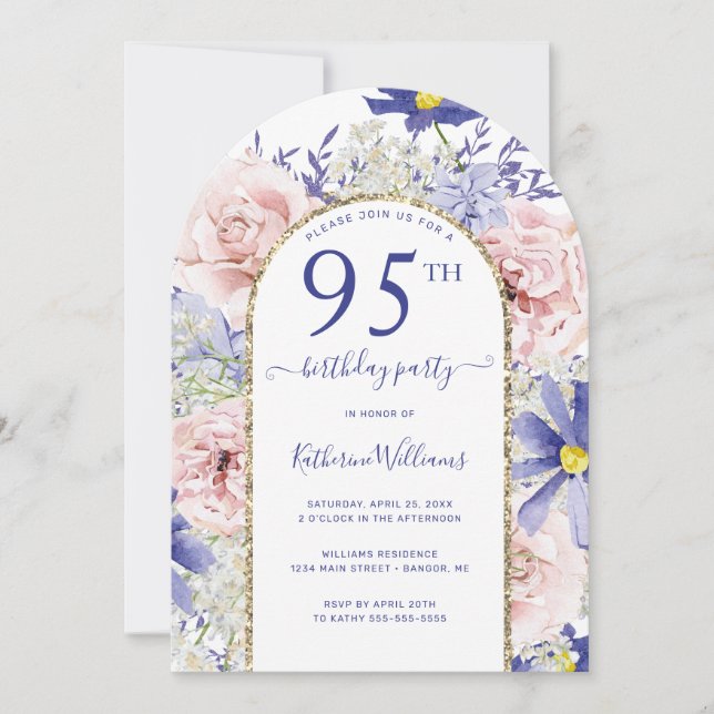 Invitation Arc d'or rose violet floral 95e fête d'anniversair (Devant)
