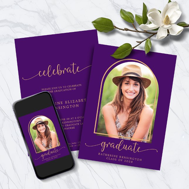 Invitation Arc d'or violet moderne Diplôme photo (Modern Purple Gold Arch Photo Graduation Invitation Announcement with Instant Download)