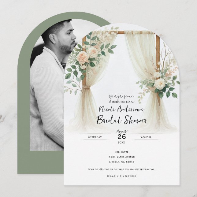 Invitation Arc en bois fleuri Fête des mariées Rose (Devant / Derrière)