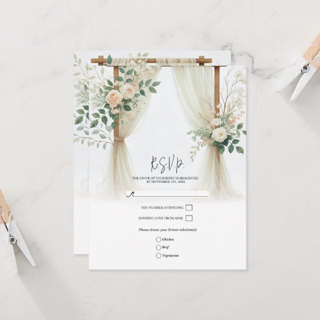 Invitation Arc en bois fleuri Vert Rose Mariage RSVP (Devant/Arrière en situation)