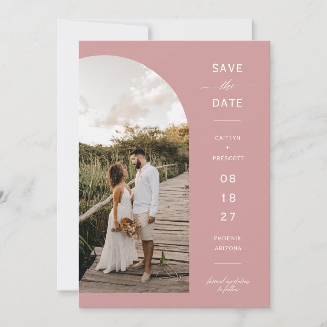 Invitation Arc en bois rose Dusty Photo QR Code Enregistrer l (Devant)