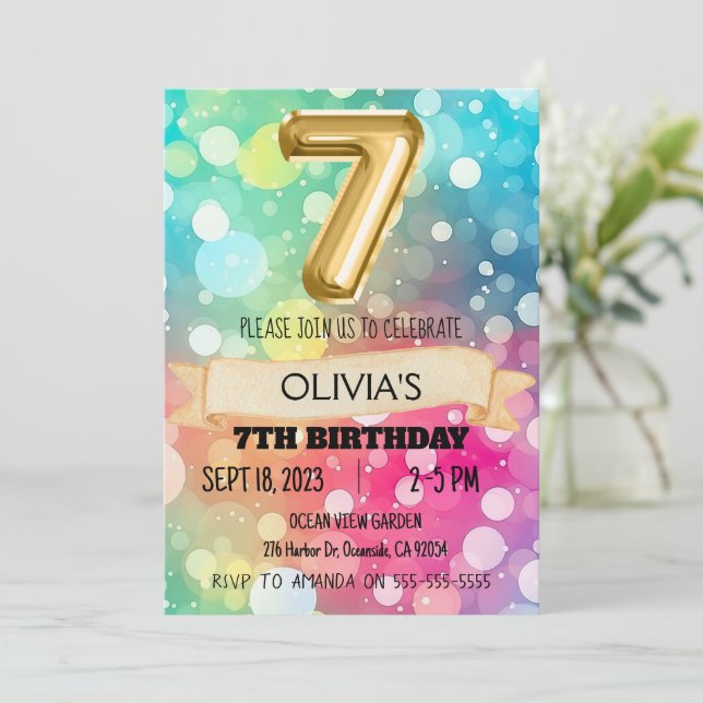 Invitation Arc-en-ciel 7 ans 7e anniversaire fête Filles Sept (Debout devant)