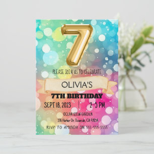 Invitation Arc-en-ciel 7 ans 7e anniversaire fête Filles Sept