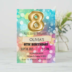 Invitation Arc-en-ciel 8 ans 8e anniversaire Fille Huit