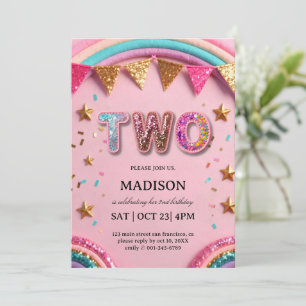 Invitation Arc-en-ciel à paillettes roses pour les 2 ans des