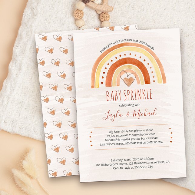 Invitation Arc-en-ciel Aquarelle laver bébé saupoudrer (Neutral cute and simple rainbow and love hearts Baby Sprinkle invitation)