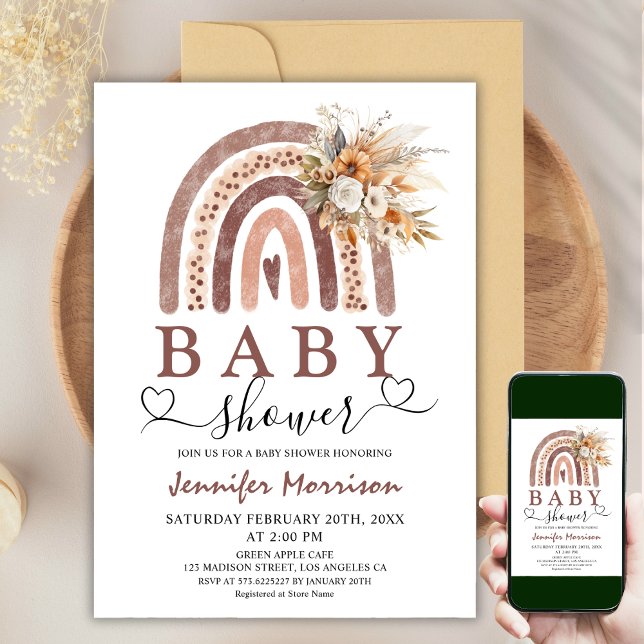 Invitation Arc-en-ciel Boho | Baby shower Brown non sexiste (Créateur téléchargé)