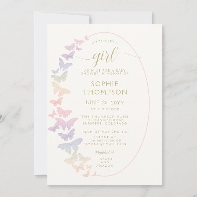Invitation Arc en ciel Butterfly Boho Frame Gold Girl Baby sh (Devant)