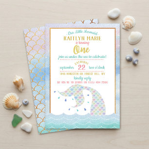 Invitation Arc-en-ciel chic Mermaid Anniversaire de 1 an aqua