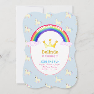 Invitation Arc en ciel, Couronne et licorne fête d'anniversai