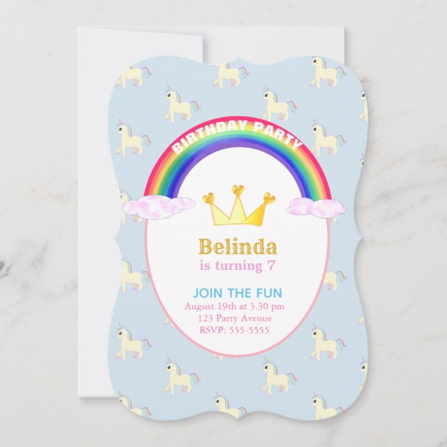 Invitation Arc en ciel, Couronne et licorne fête d'anniversai (Devant)